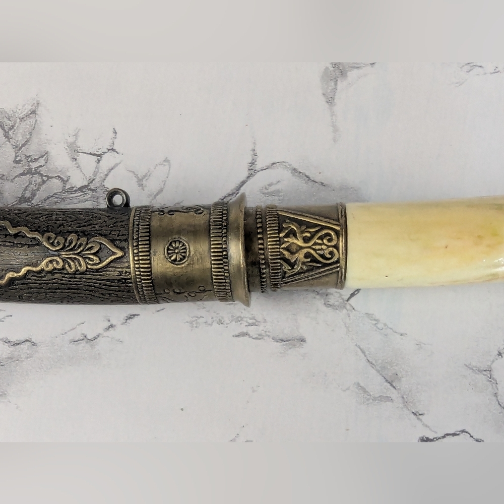 Oriental Looking Knife With Blade Sheath Vintage Marble Looking Handle 9" - Picture 4 of 13